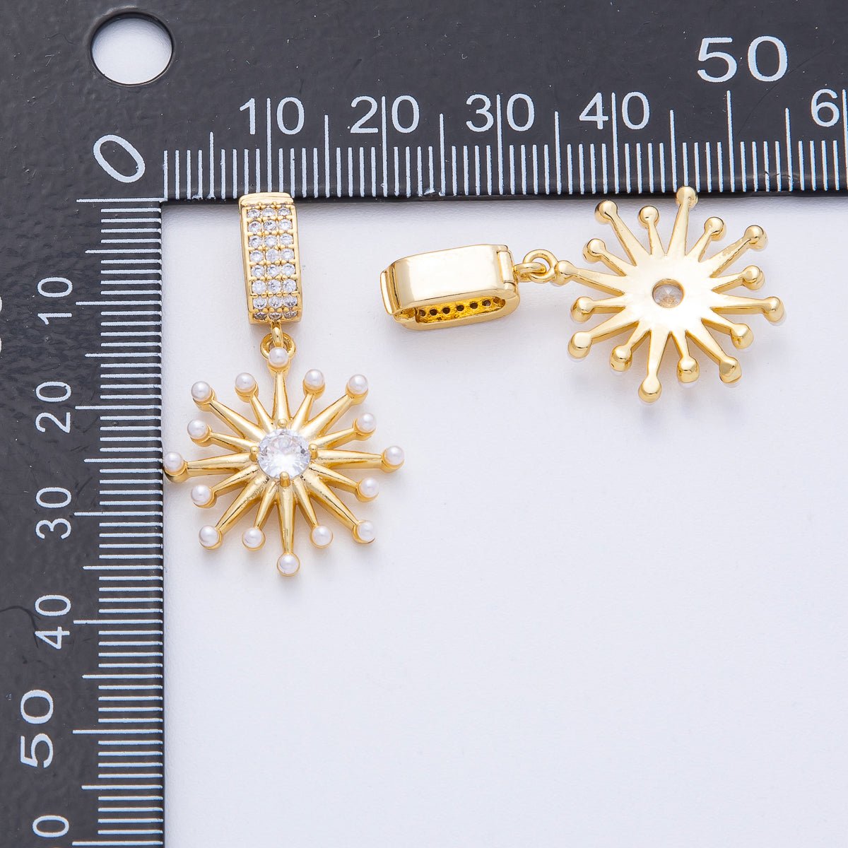 18K Gold Filled 23mm Shell Pearl Micro Paved CZ Celestial Sunburst Pendant | AF1212