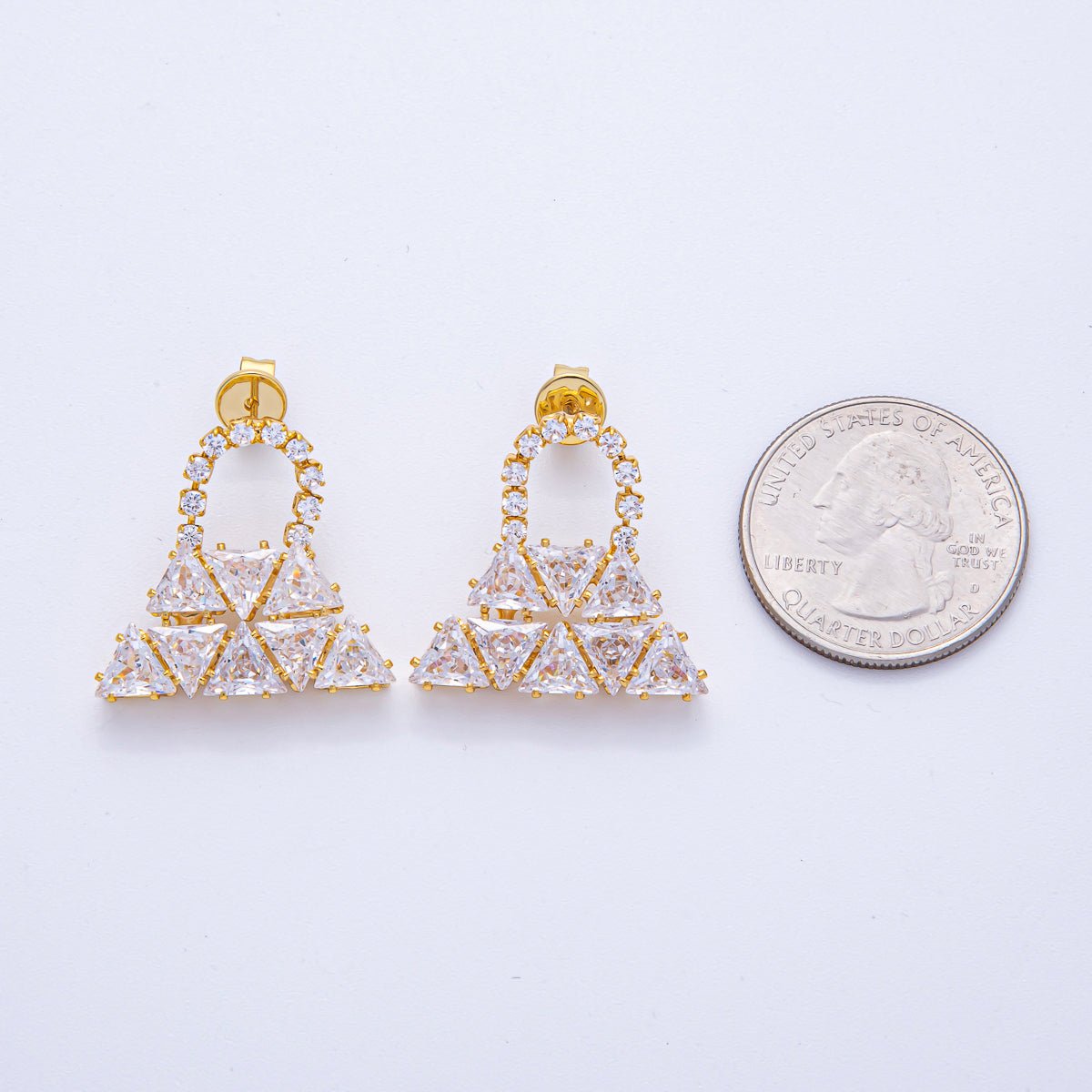 18K Gold Filled 24mm Clear CZ Bag Triangle Geometric Drop Stud Earrings | AD1672