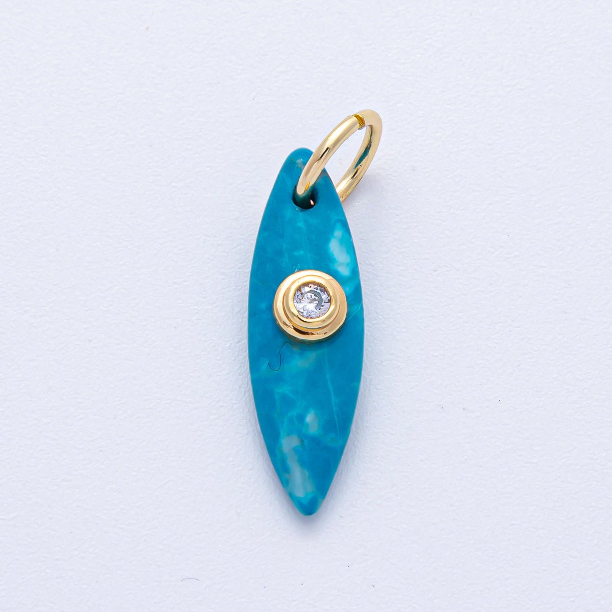18K Gold Filled 24mm Clear CZ Embedded Tiger Eye, Rose Quartz, Turquoise, Amazonite Gemstone Navette Charm | AK127 AK128