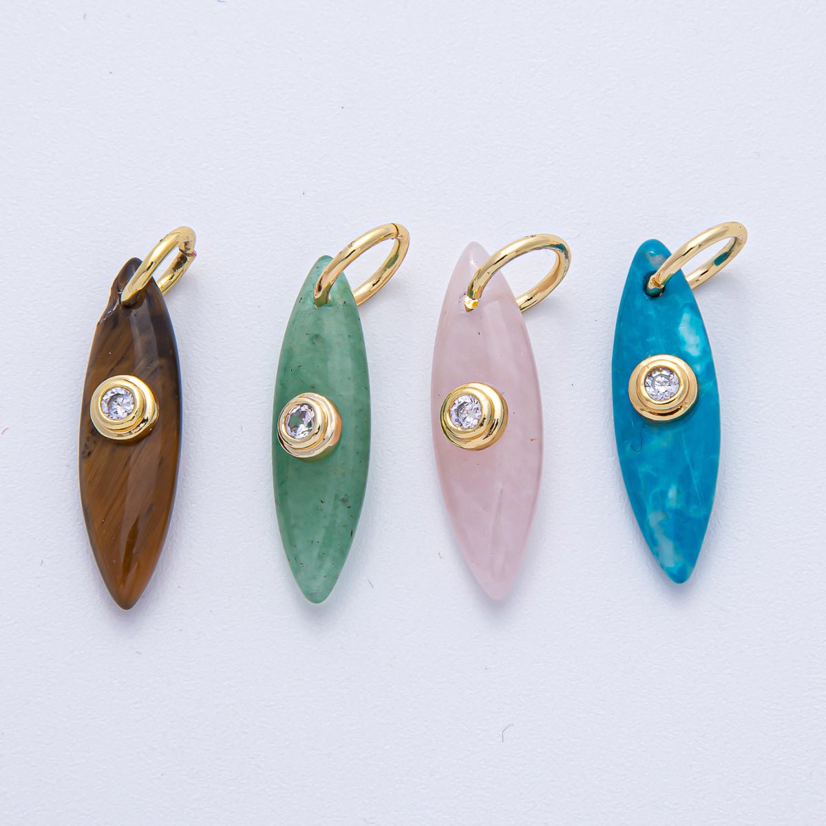 18K Gold Filled 24mm Clear CZ Embedded Tiger Eye, Rose Quartz, Turquoise, Amazonite Gemstone Navette Charm | AK127 AK128