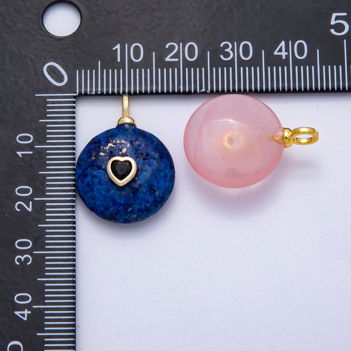 18K Gold Filled 24mm Heart CZ Embedded Natural Gemstone Round Pendant | Charms-00533 ~ Charms-00537
