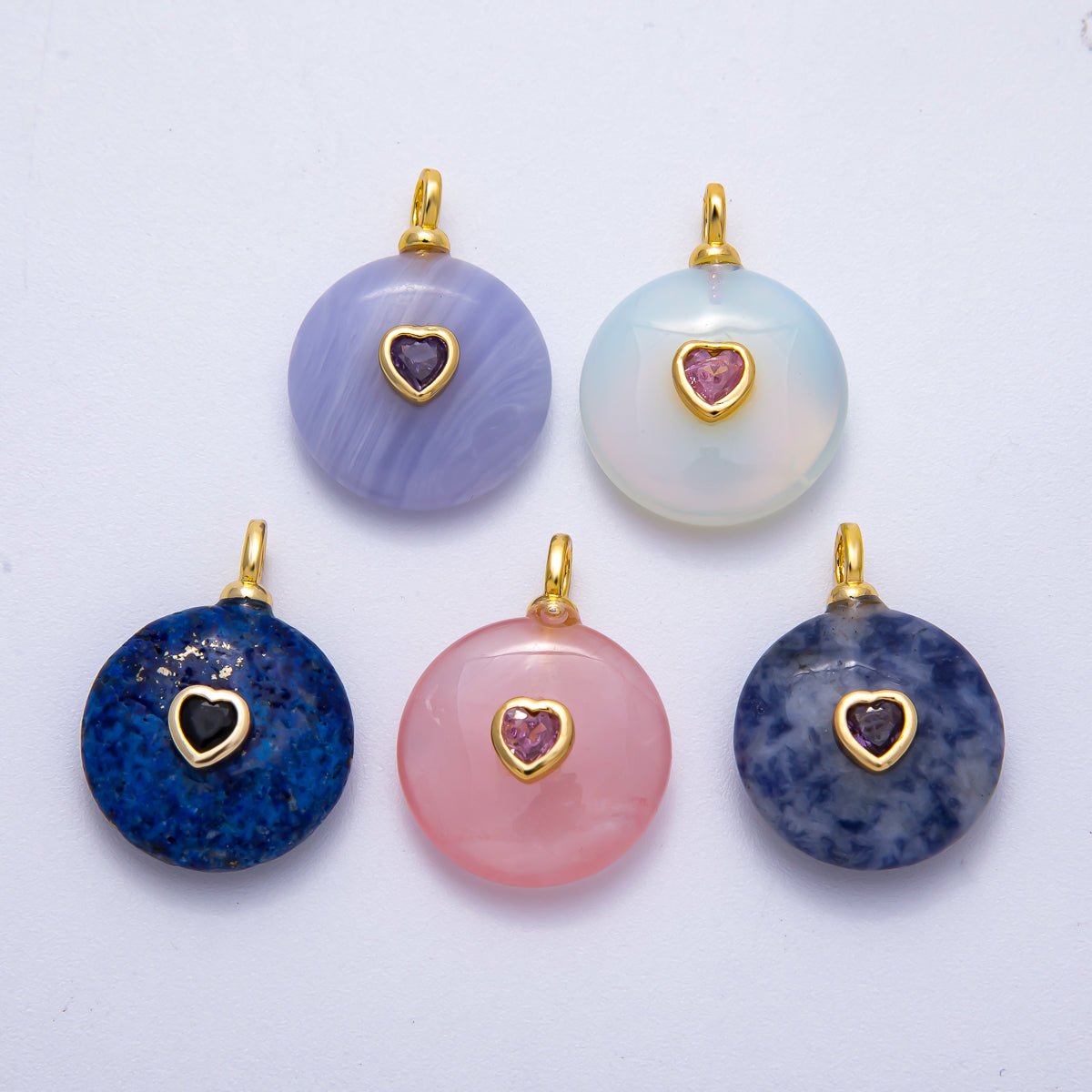 18K Gold Filled 24mm Heart CZ Embedded Natural Gemstone Round Pendant | Charms-00533 ~ Charms-00537
