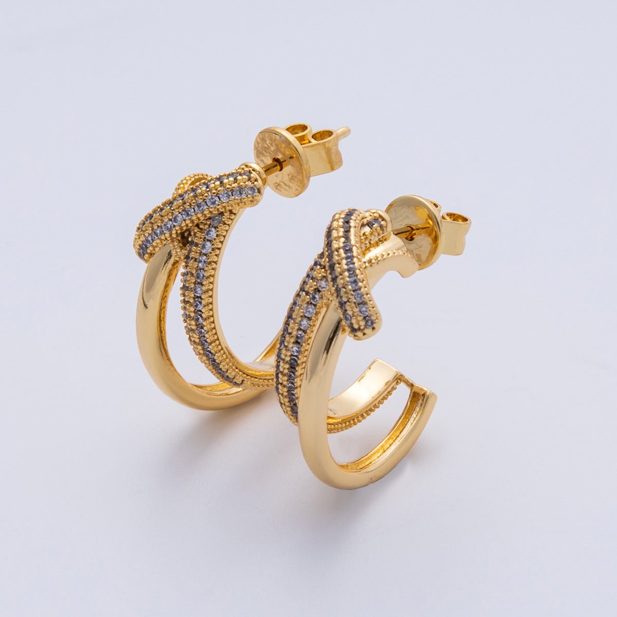 18K Gold Filled 24mm Micro Paved CZ Knot C-Shaped Hoop Set | Earrings-00193