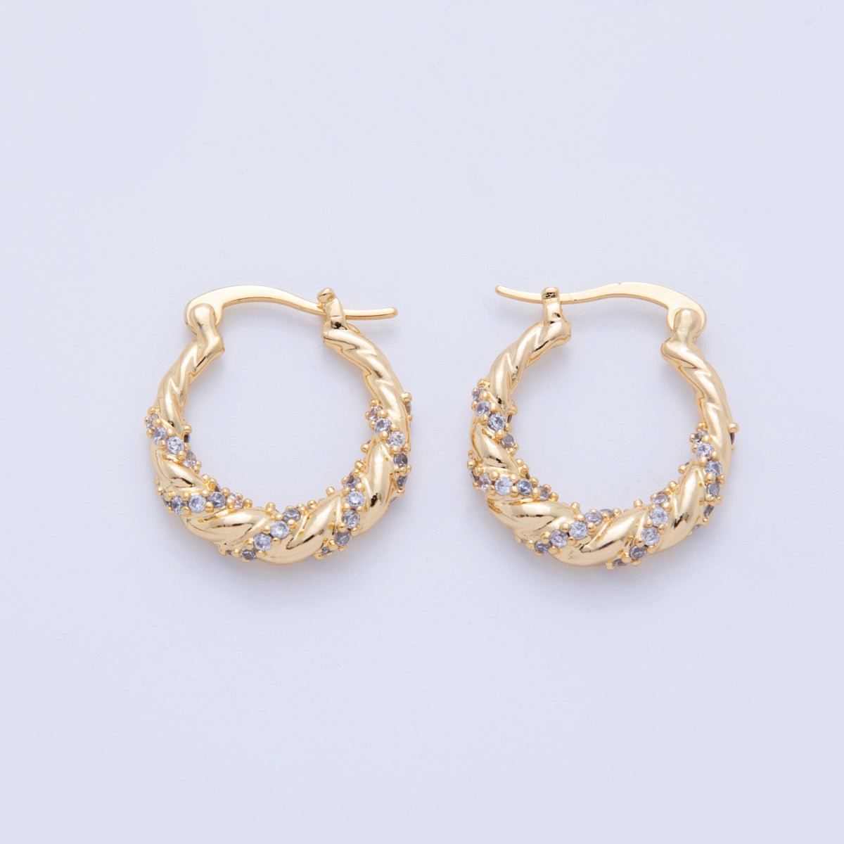 18K Gold Filled 24mm Micro Paved CZ Twisted Croissant Latch Hoop Earrings | AI359