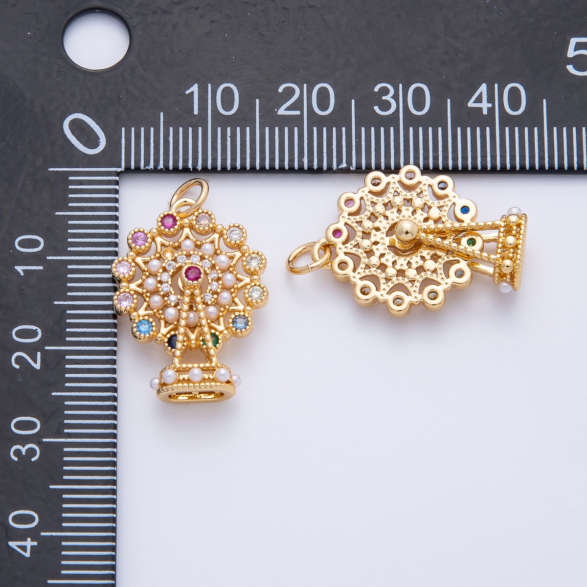 18K Gold Filled 25.5mm Multicolor CZ Shell Pearl Theme Park Ferris Wheel Pendant | AF1397