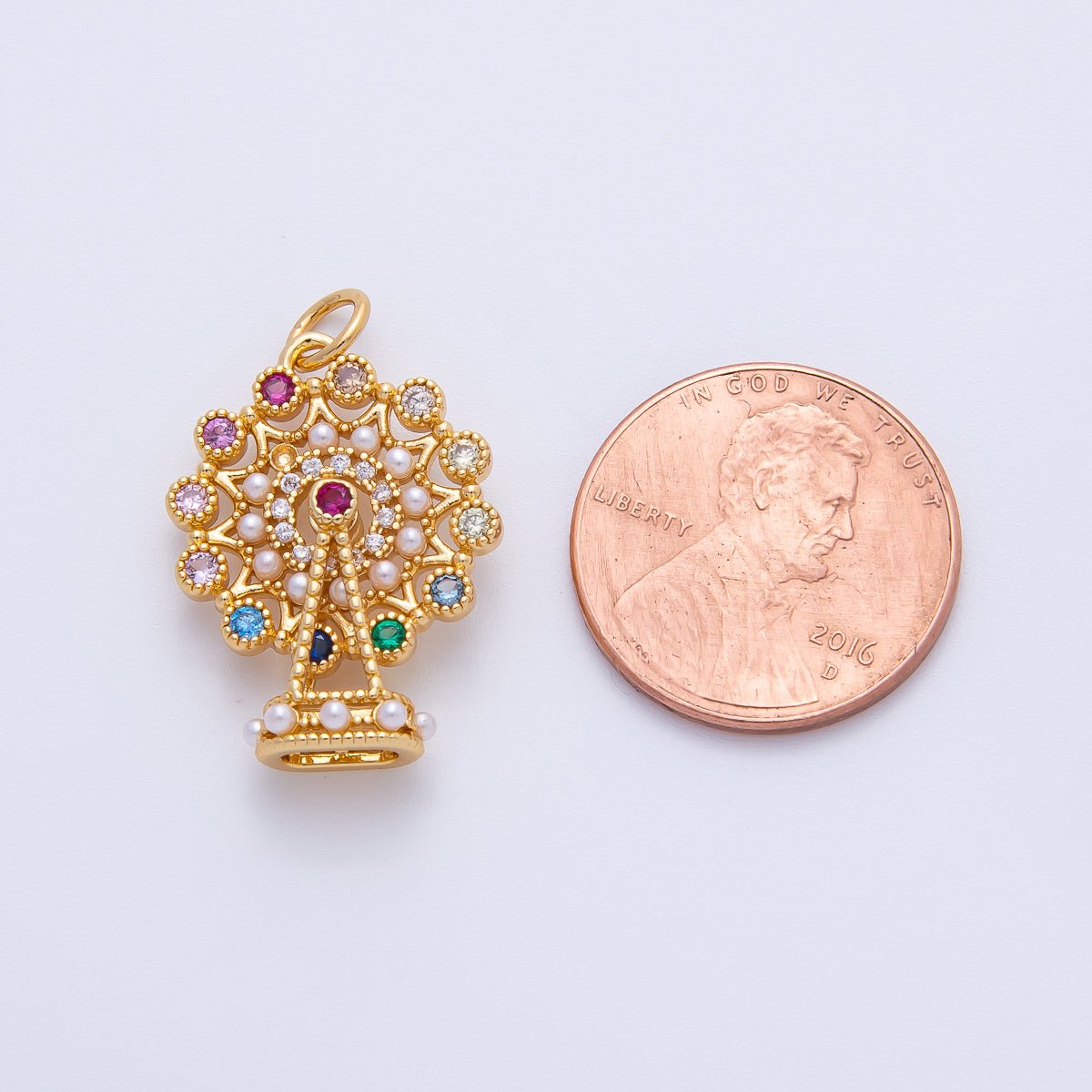 18K Gold Filled 25.5mm Multicolor CZ Shell Pearl Theme Park Ferris Wheel Pendant | AF1397