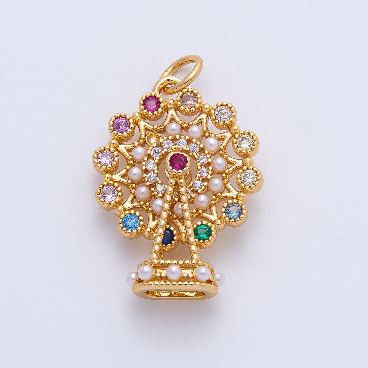 18K Gold Filled 25.5mm Multicolor CZ Shell Pearl Theme Park Ferris Wheel Pendant | AF1397