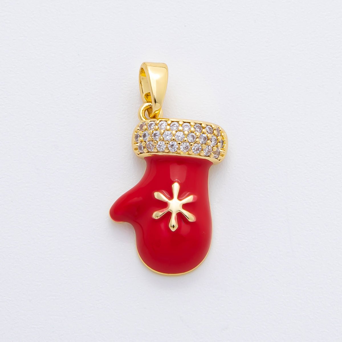 18K Gold Filled 25mm Micro Paved CZ Enamel Red Glove Christmas Mitten Pendant | AF-A1136