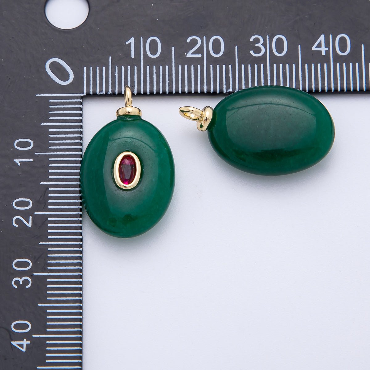 18K Gold Filled 25mm Red CZ Embedded Green Aventurine Oval Gemstone Charm | AF1325