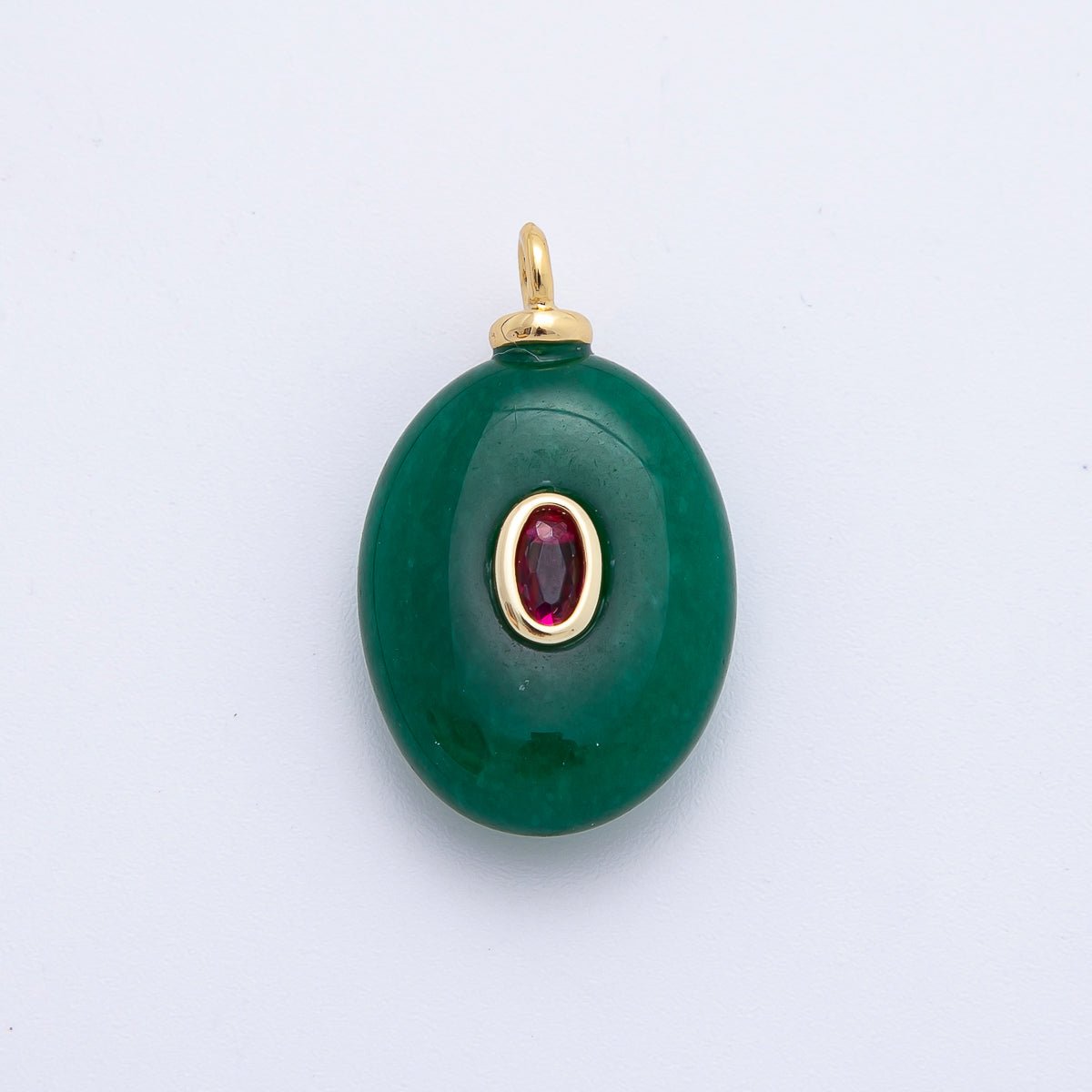 18K Gold Filled 25mm Red CZ Embedded Green Aventurine Oval Gemstone Charm | AF1325
