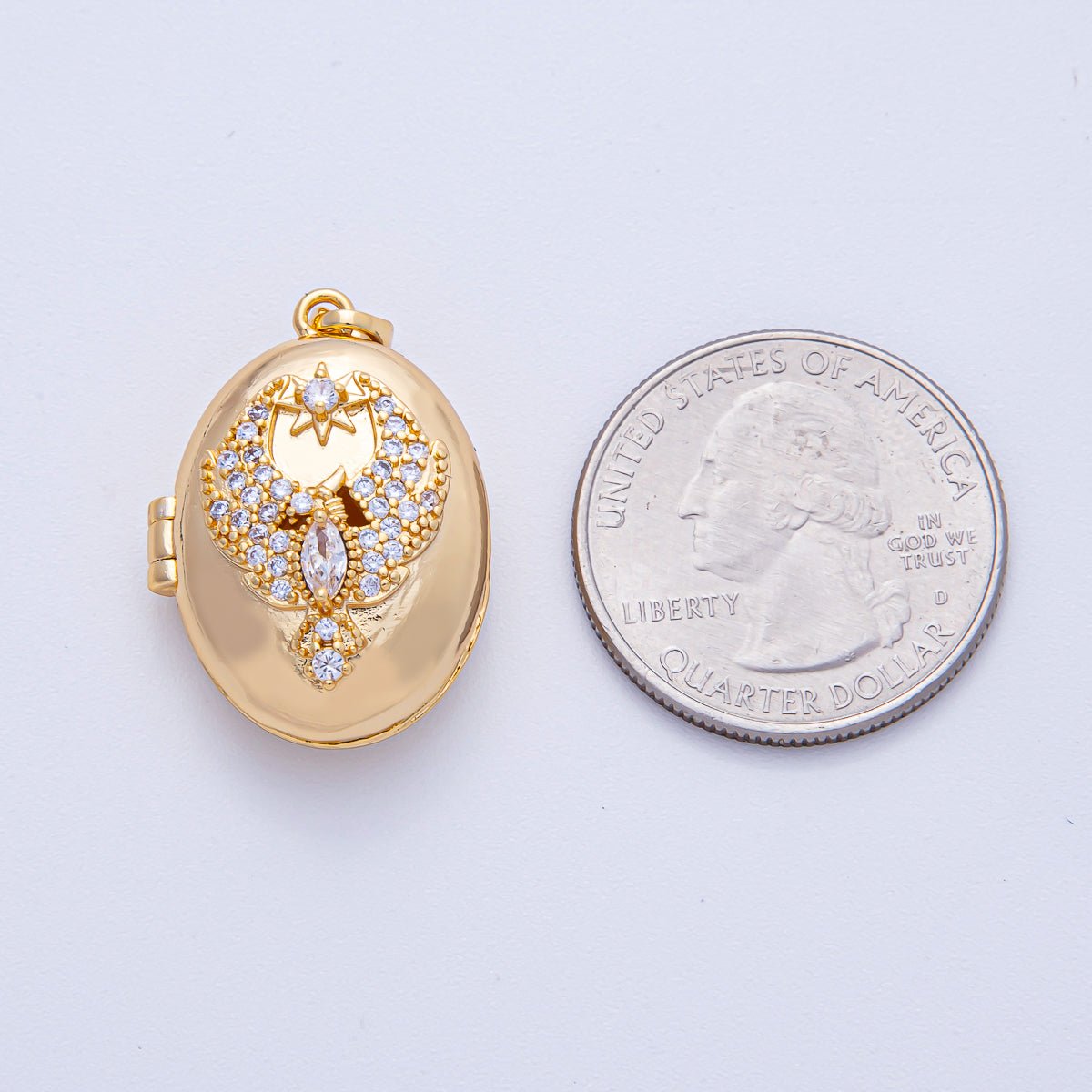 18K Gold Filled 26mm Bird Star Micro Paved CZ Oval Locket Pendant | AF1200