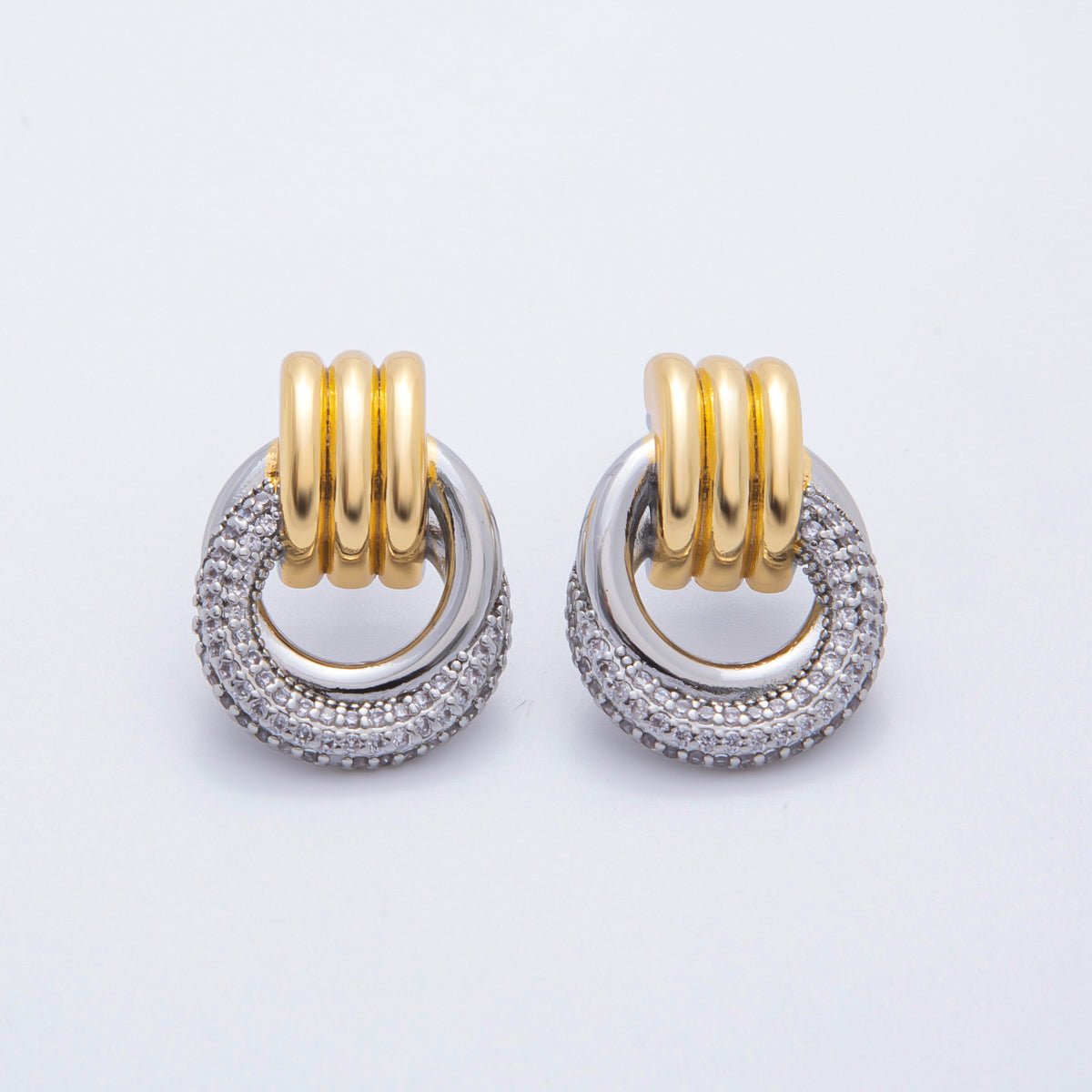 18K Gold Filled 26mm Micro Paved CZ Triple Band Door Knocker Drop Stud Earrings in Gold, Silver & Mixed Metal | AJ265 - AJ267