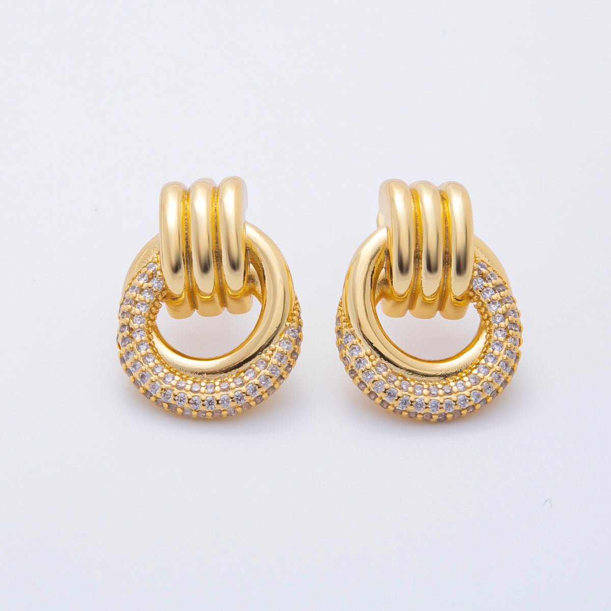 18K Gold Filled 26mm Micro Paved CZ Triple Band Door Knocker Drop Stud Earrings in Gold, Silver & Mixed Metal | AJ265 - AJ267