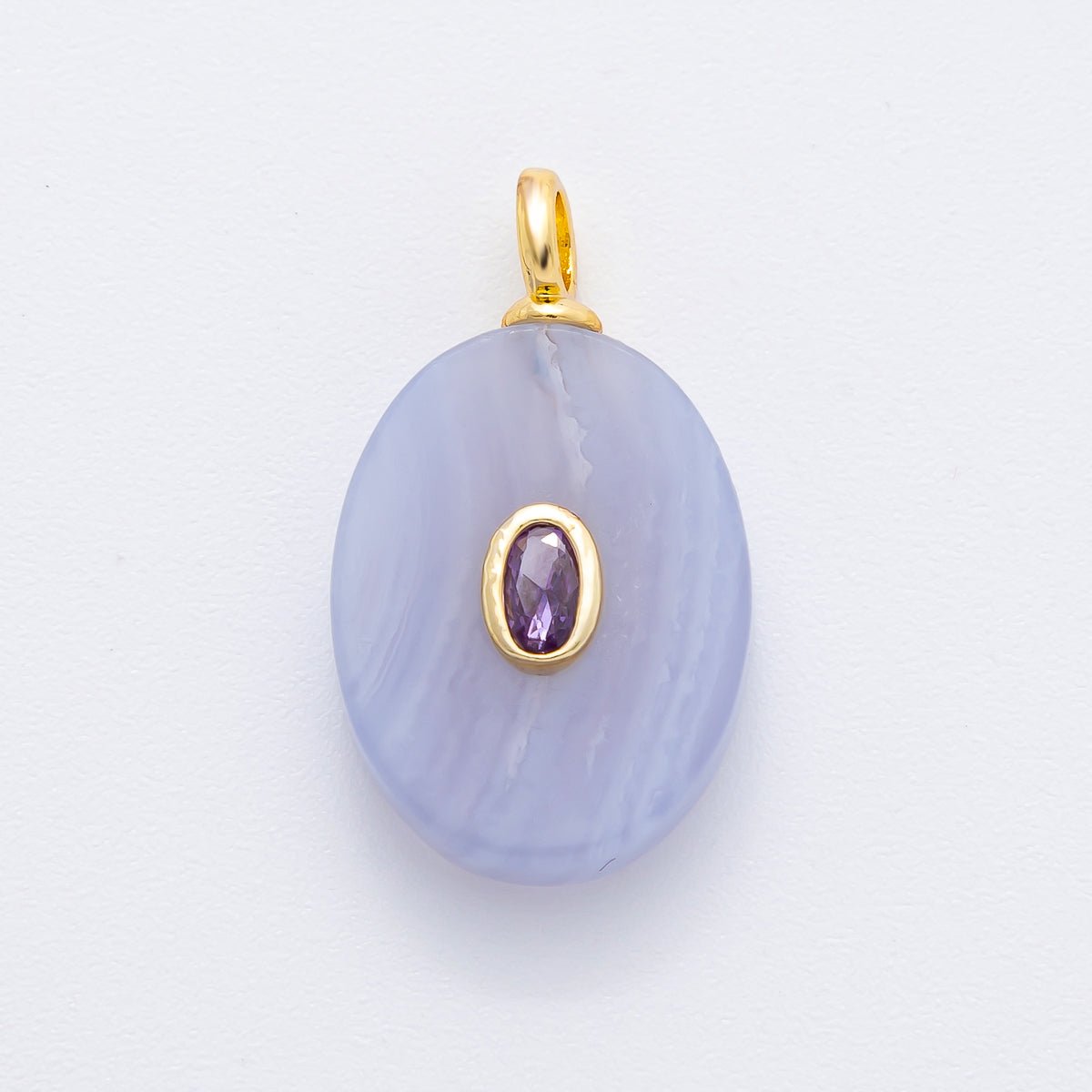 18K Gold Filled CZ Embedded Natural Gemstone Oval Charm | N720 - N741