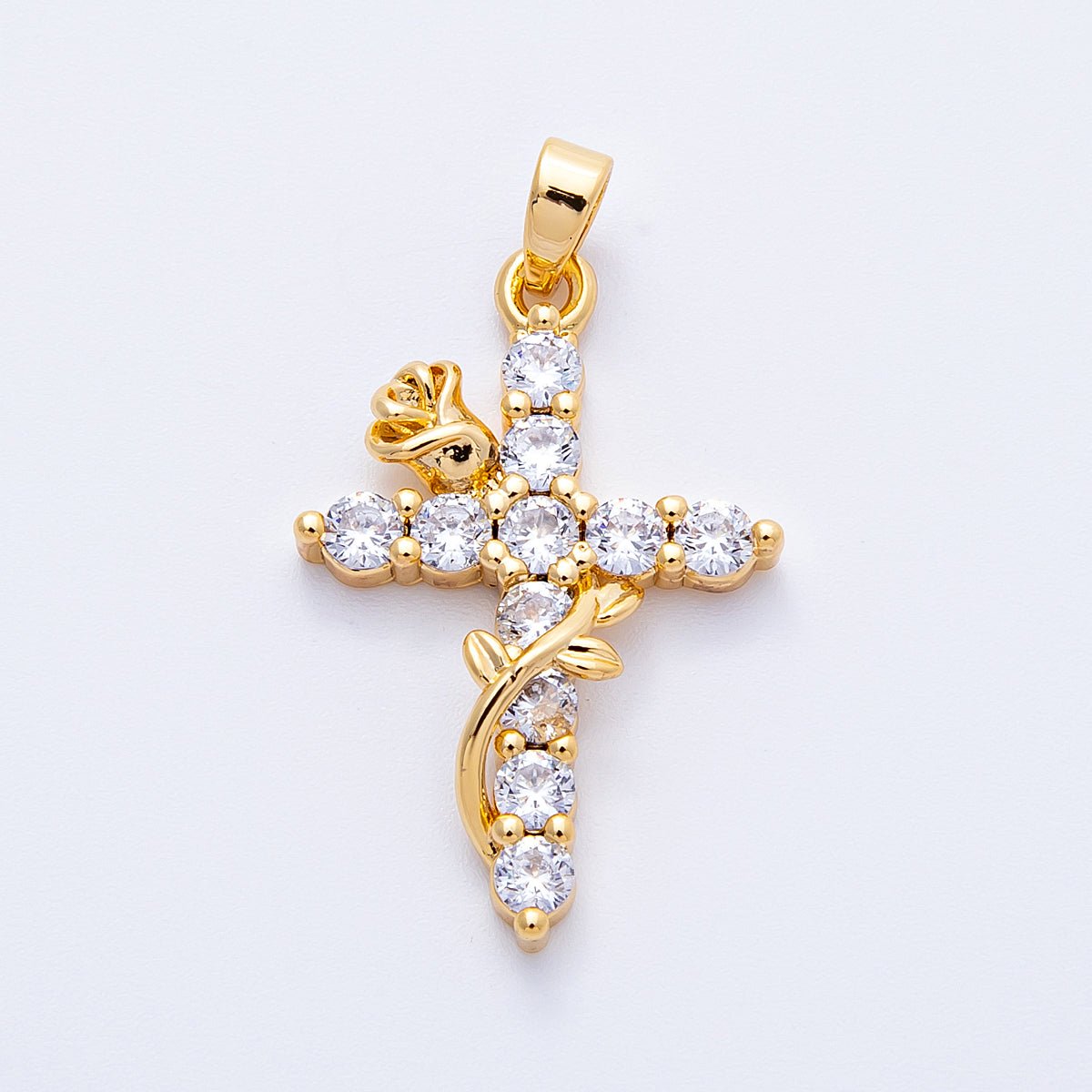 18K Gold Filled 28mm Clear CZ Rose Religious Cross Pendant | Charms-00111