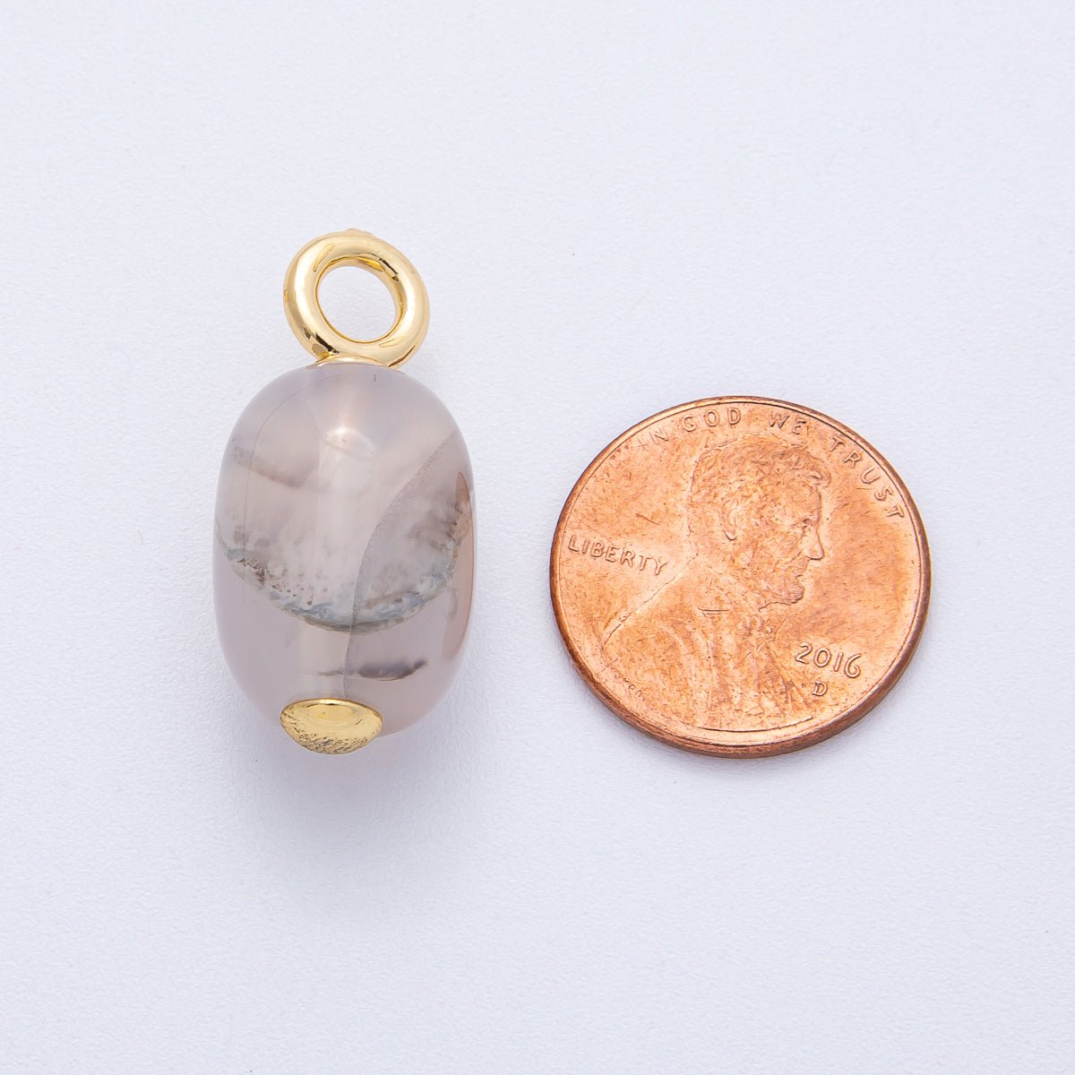 18K Gold Filled 28mm Grey Agate Oval Natural Gemstone Drop Charm | Charms-00478