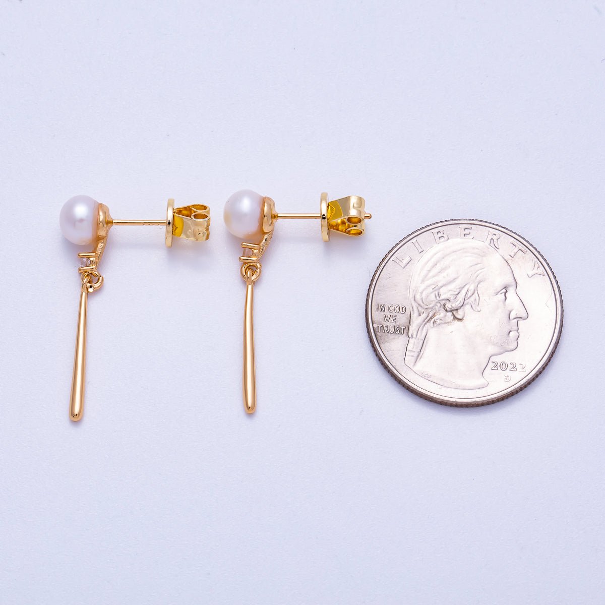 18K Gold Filled 29mm Shell Pearl Round Molten Bar Drop Stud Earrings | Earrings-00352