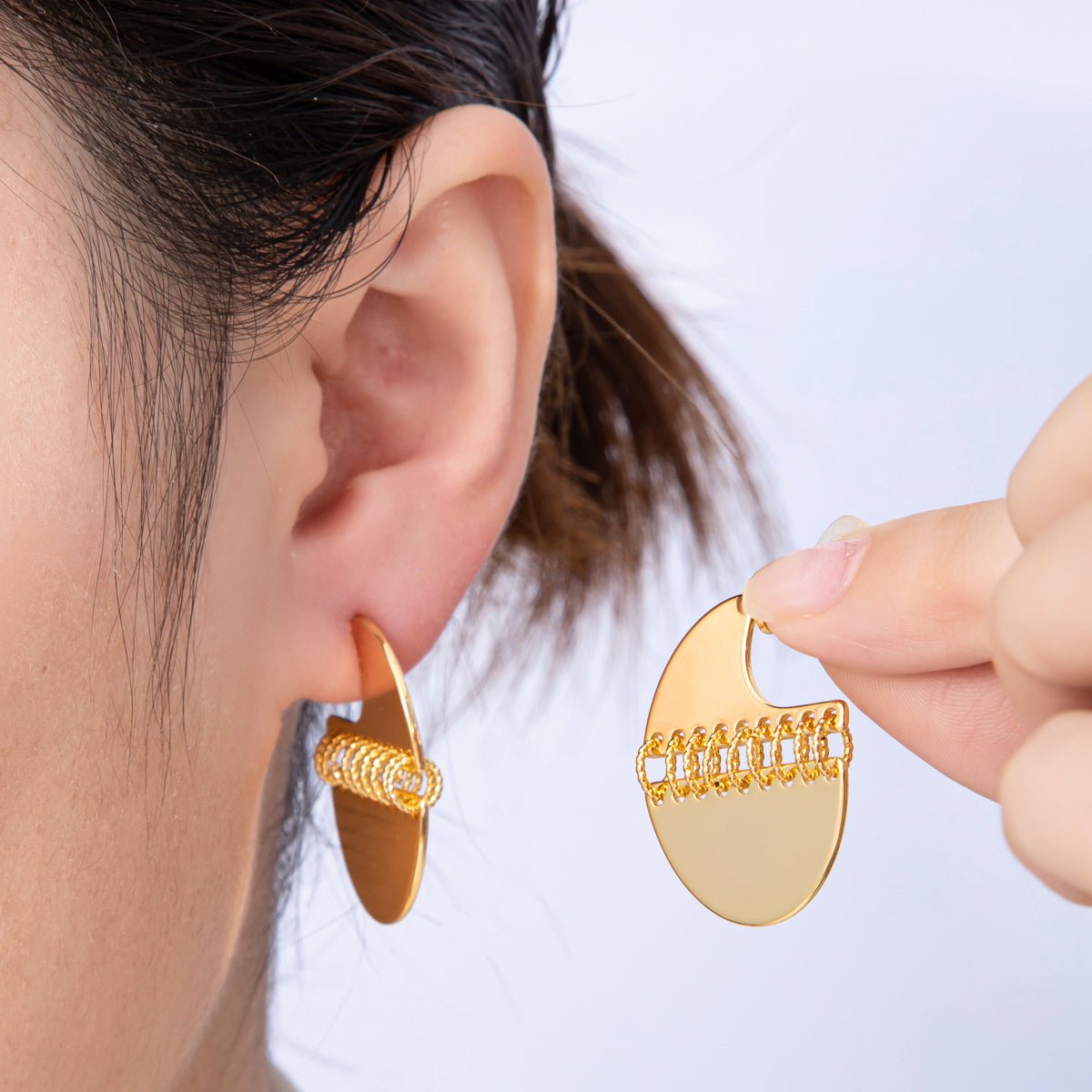 18K Gold Filled 30.5mm Minimalist J-Shaped Fringe Drop Studs | Earrings-00195
