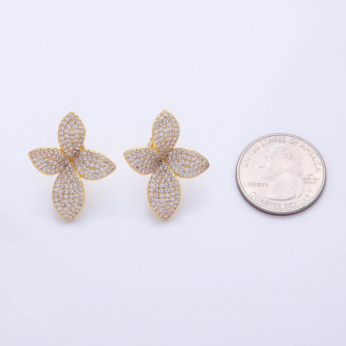 18K Gold Filled 30mm Micro Paved CZ Flower Petal Cross Studs Earrings | AD1588
