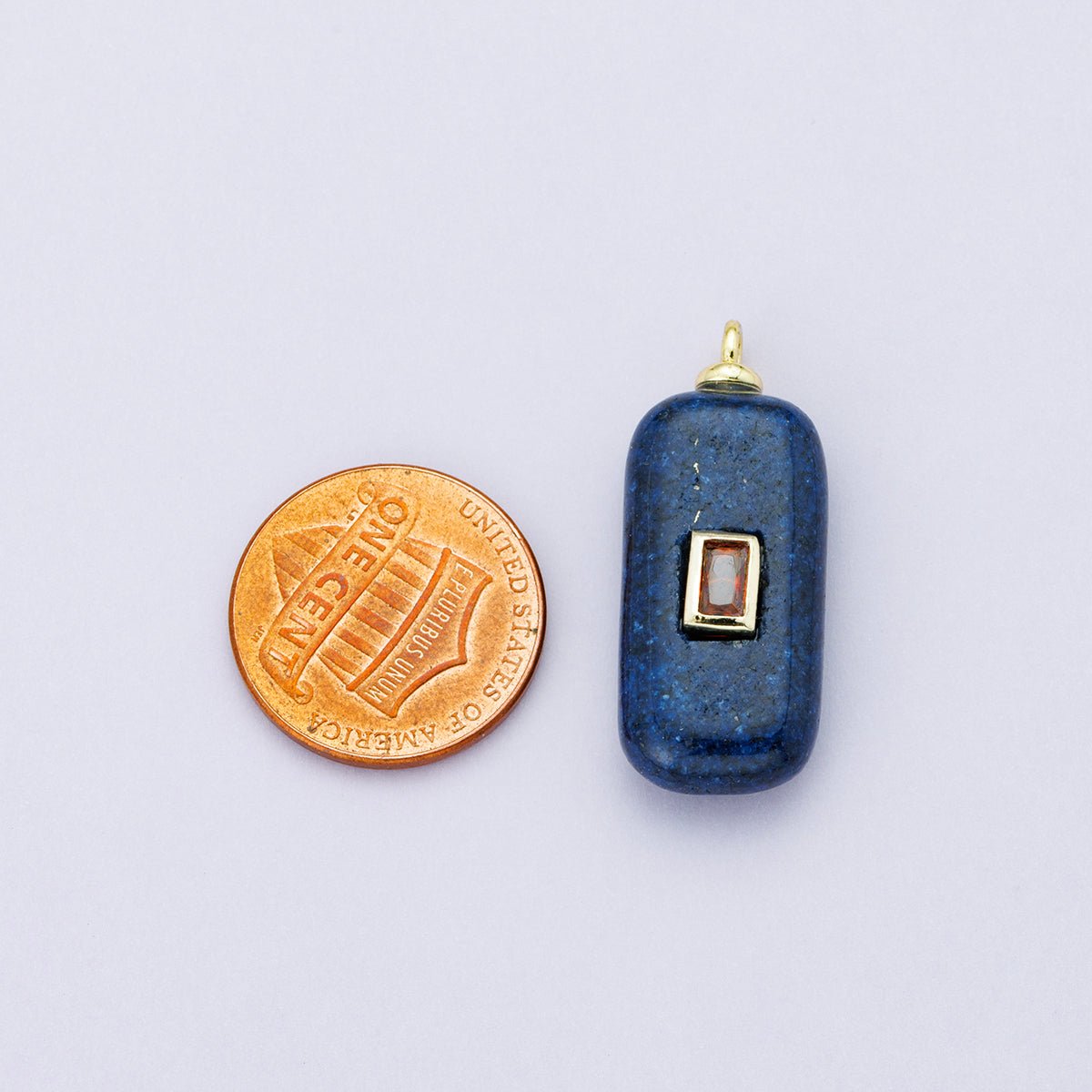 18K Gold Filled 30mm Red Baguette CZ Embedded Lapis Lazuli Gemstone Rectangle Charm | Charms-00428