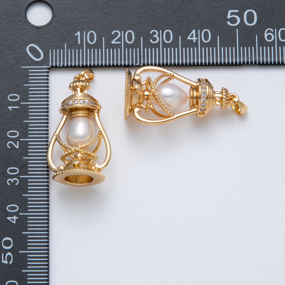 18K Gold Filled 30mm Shell Pearl Micro Paved CZ Oil Lamp 3D Multidimensional Charm | Charms-00064