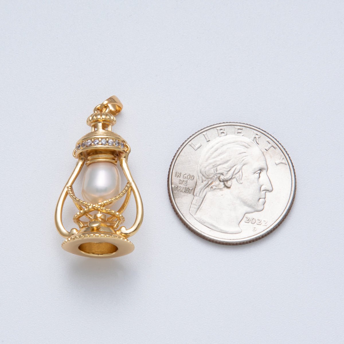 18K Gold Filled 30mm Shell Pearl Micro Paved CZ Oil Lamp 3D Multidimensional Charm | Charms-00064