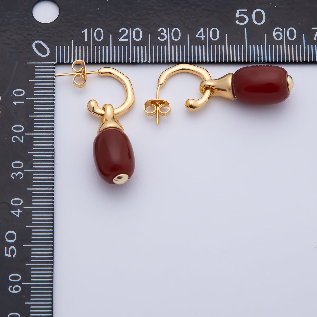 18K Gold Filled 35.5mm Red Carnelian Oval Gemstone Drop Molten C-Shaped Hoop Earrings | AD1586