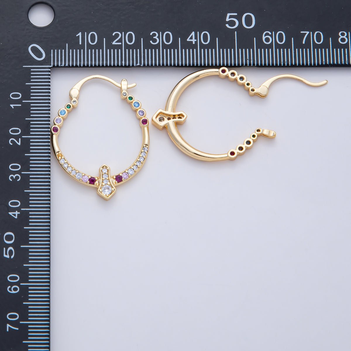 18K Gold Filled 35mm Multicolor Micro Paved CZ Geometric Latch Hoop Earrings | AD1656