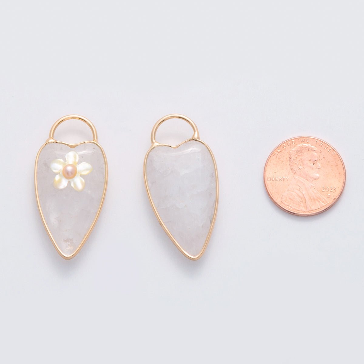 18K Gold Filled 35mm Pearl Flower Clear Quartz Heart Padlock Charm | D640