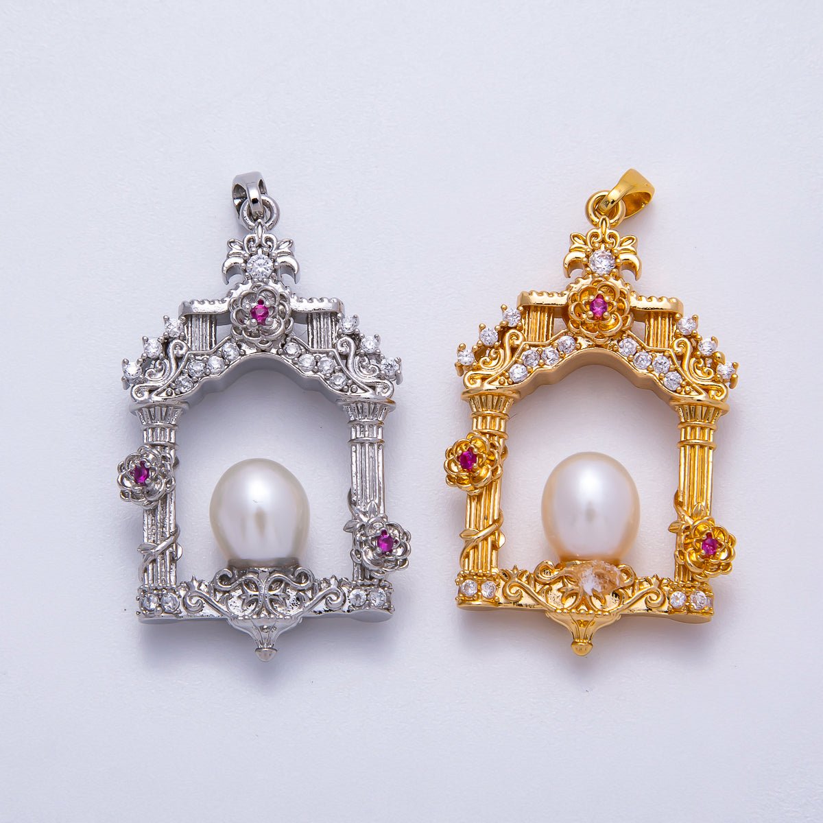 18K Gold Filled 36mm Micro Paved CZ Shell Pearl Artisan Palace Pendant in Gold & Silver | Charms-00541 Charms-00542