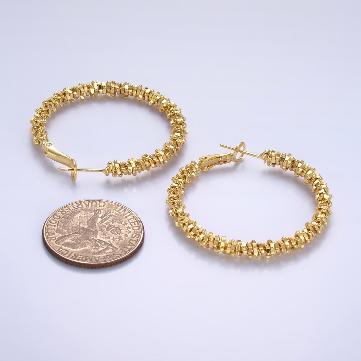 18K Gold Filled 40mm Geomatic Edged Bead Hinge Hoop Earrings | V263