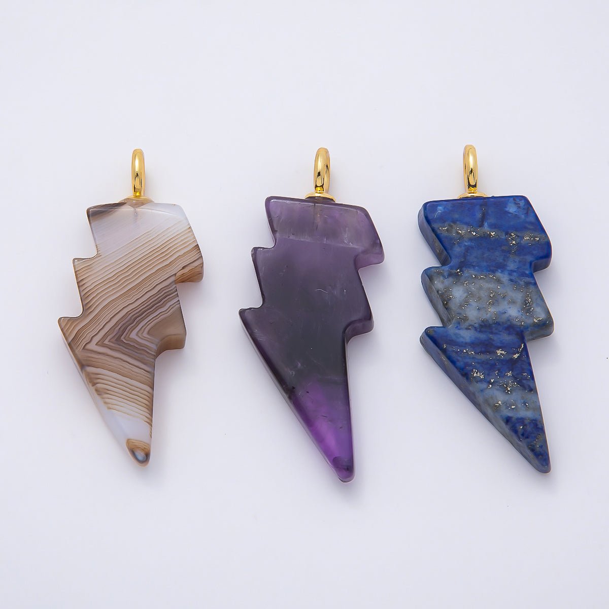 18K Gold Filled 47mm Lapis Lazuli, Amethyst, Agate Gemstone Lightning Bolt Thunder Pendant | Charms-01075 ~ Charms-01077