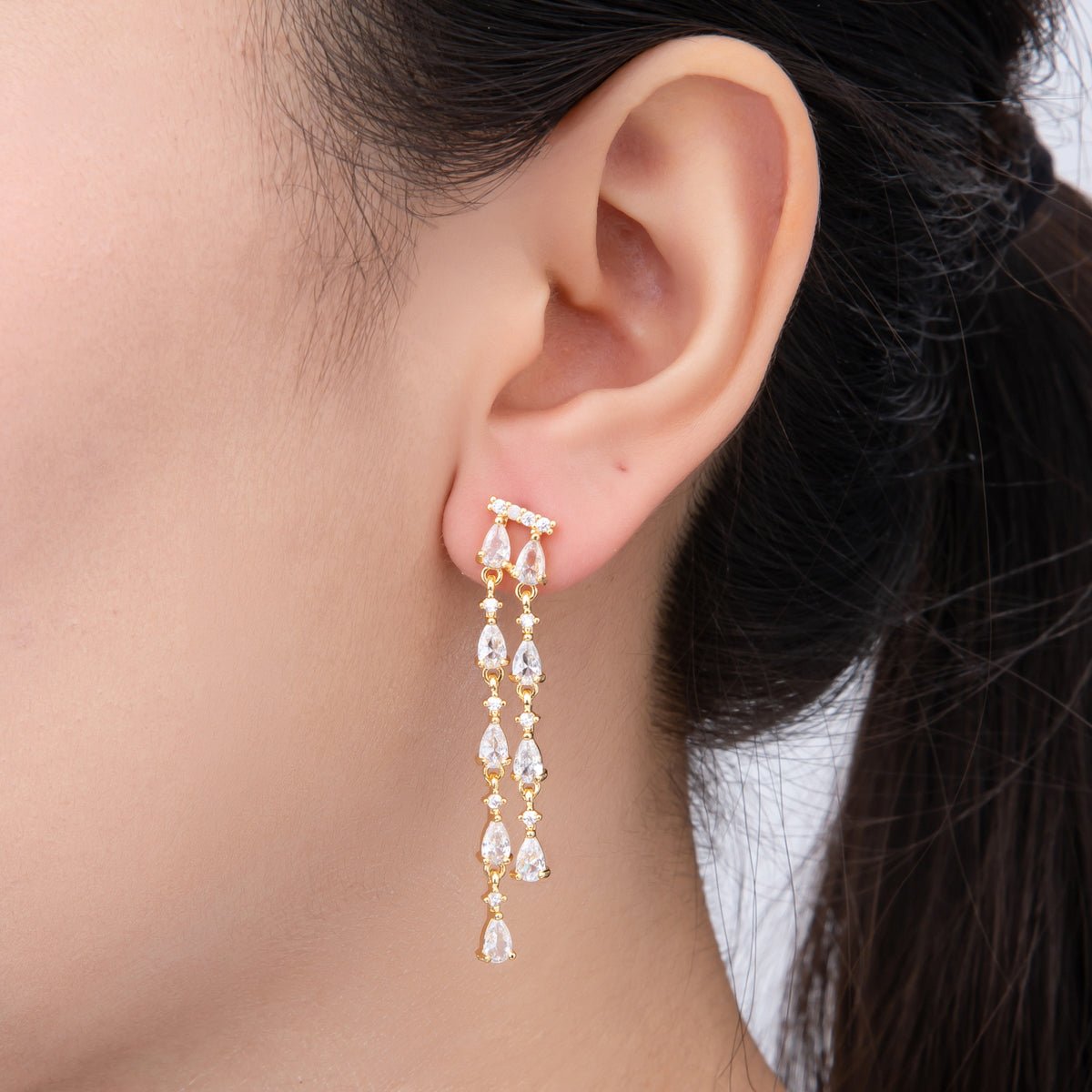 18K Gold Filled 48.5mm Double Clear CZ Teardrop Linear Drop Stud Earrings | AJ277
