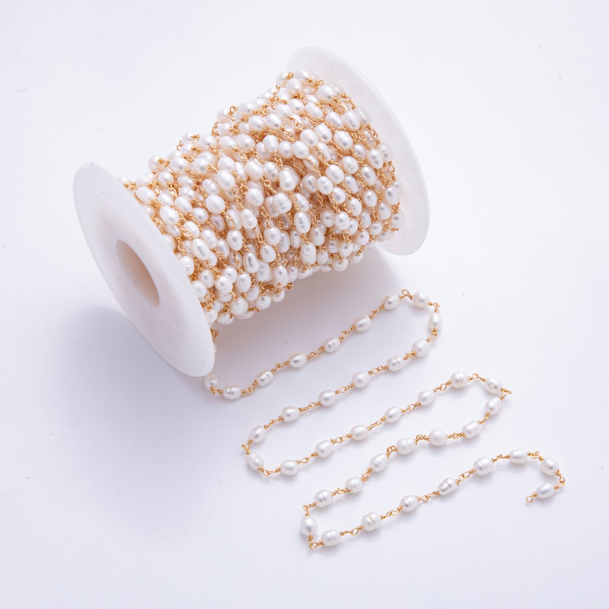 18K Gold Filled 6mm Unfinished White Potato Pearl Rosary Chain by Yard | ROLL-01705