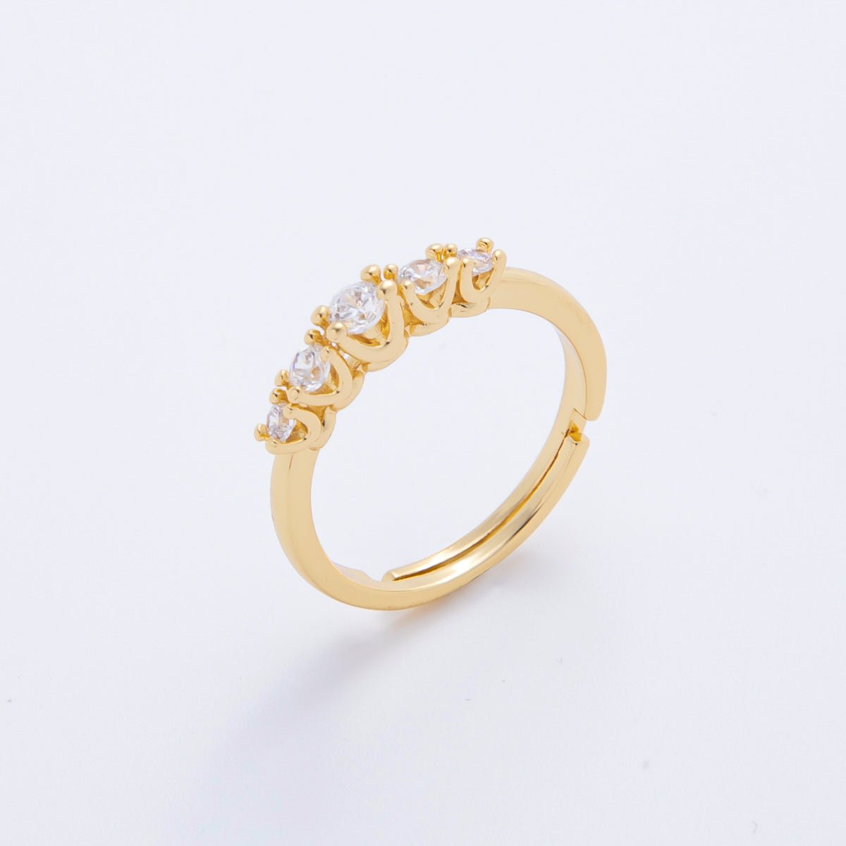 18K Gold Filled Dainty 5 Clear Round CZ Cluster Solitaire Adjustable Ring in Gold & Two-Toned | O-2158