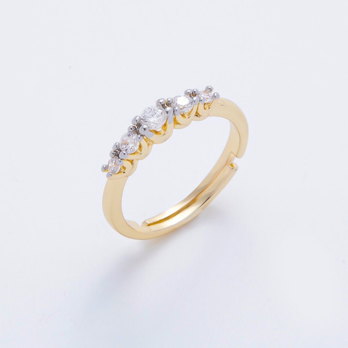 18K Gold Filled Dainty 5 Clear Round CZ Cluster Solitaire Adjustable Ring in Gold & Two-Toned | O-2158
