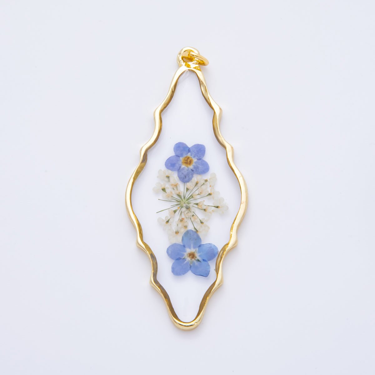 18K Gold Filled 54mm Resin Wavy Diamond-cut Blue Flowers Charm | AH849