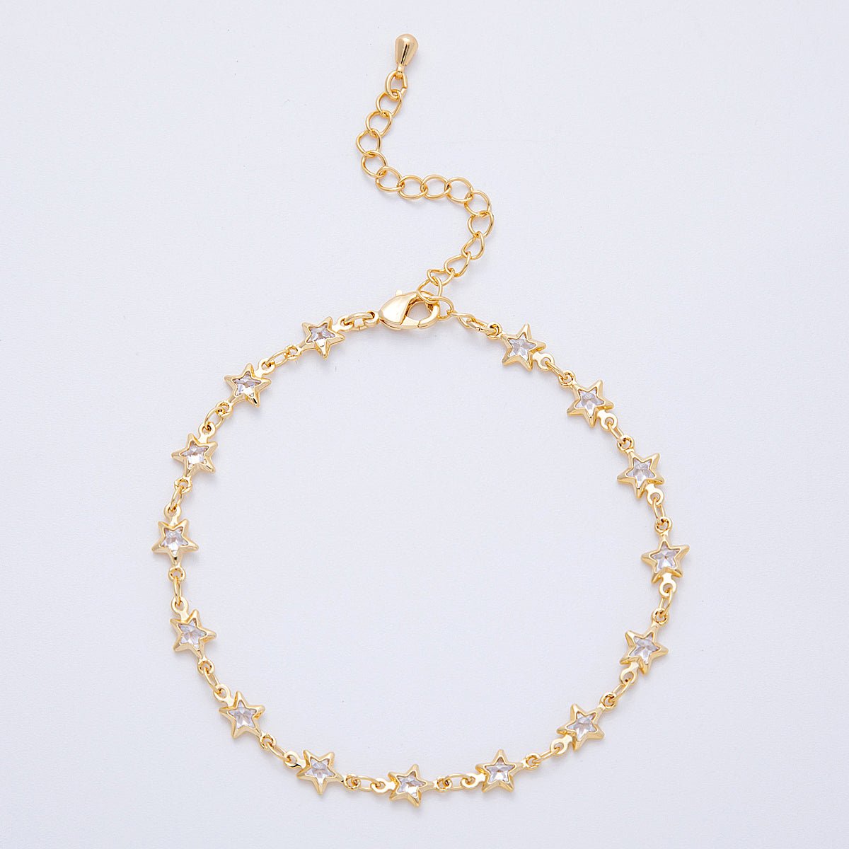 18K Gold Filled 5.5mm Clear CZ Celestial Star Chain 7 Inch Bracelet w. Extender | WA-04199