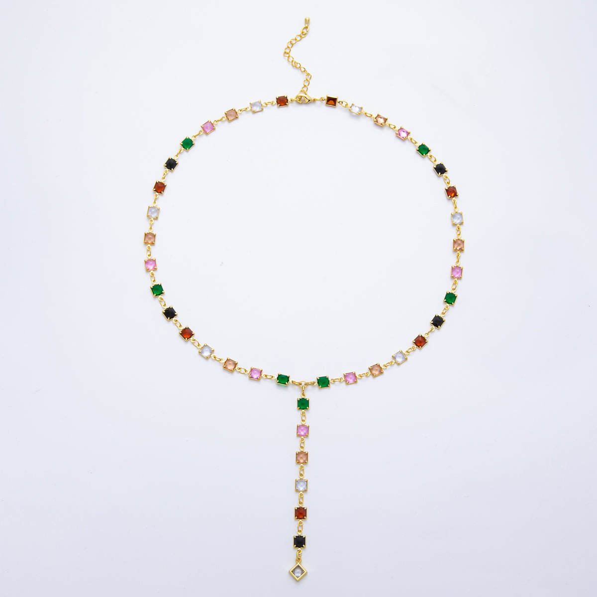 18K Gold Filled 5.7mm Clear, Multicolor Square CZ Chain 19 Inch Lariat Necklace w. Extender | WA-3273 WA-3274