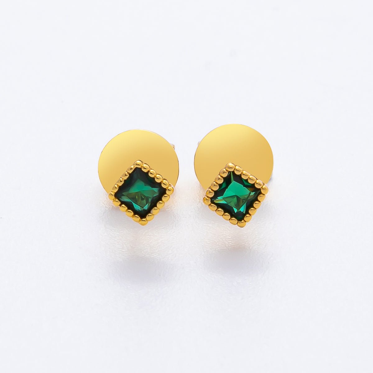 18K Gold Filled 5mm Emerald Green CZ Rhombus Bubbly Framed Studs Earrings | AD1571