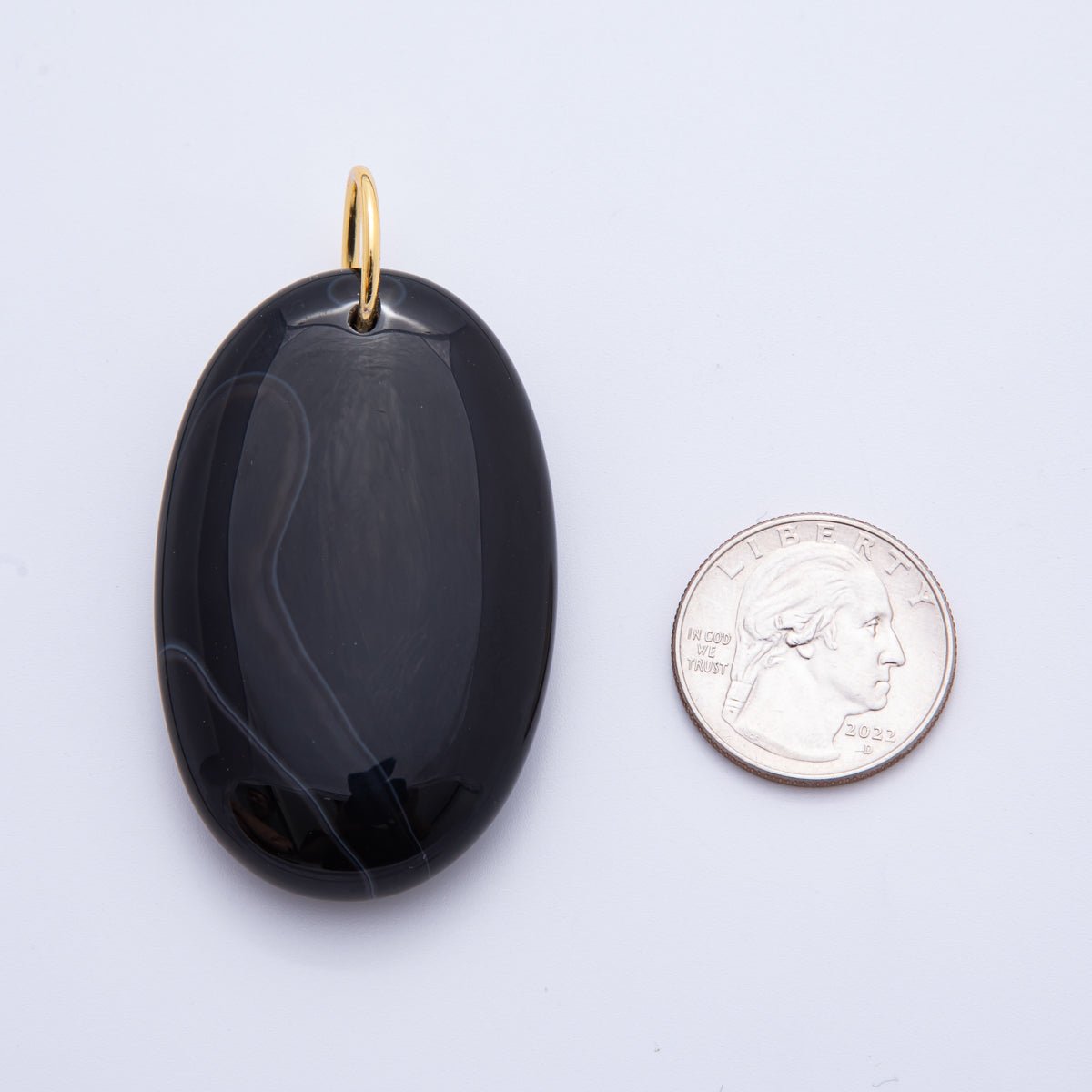 18K Gold Filled 64mm Black Agate Gemstone Long Oval Charm | E521