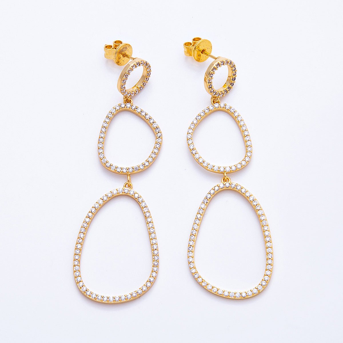 18K Gold Filled 66mm Micro Paved CZ Open Irregular Geometric Drop Studs | Earrings-00204