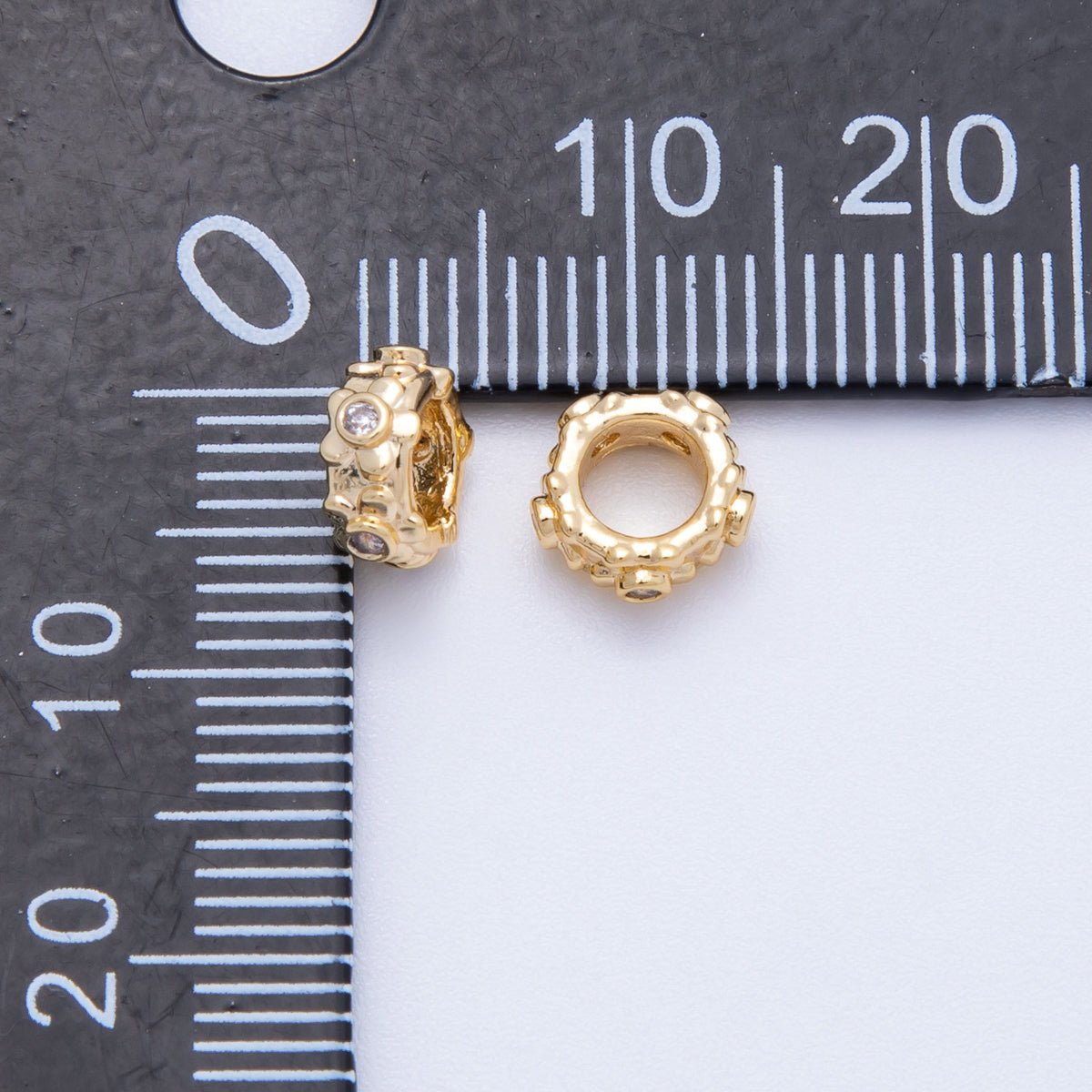 18K Gold Filled 7mm Clear CZ Geometric Dotted Rondelle Spacer Bead | Beads-00165