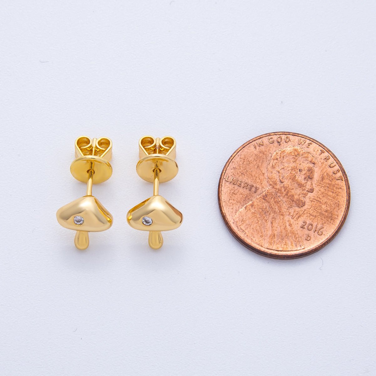 18K Gold Filled 8.7mm Clear CZ Dotted Mushroom Stud Earrings | Earrings-00082