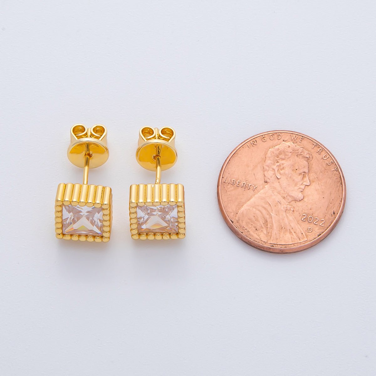18K Gold Filled 8mm Clear CZ Square Ribbed Bezel Stud Earrings | AD1614