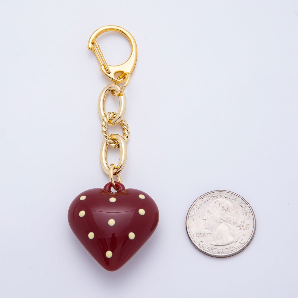 18K Gold Filled 99mm Red Polka Dotted Chubby Heart Twisted Cable Chain Drop Keychain Accessories | WB-00127