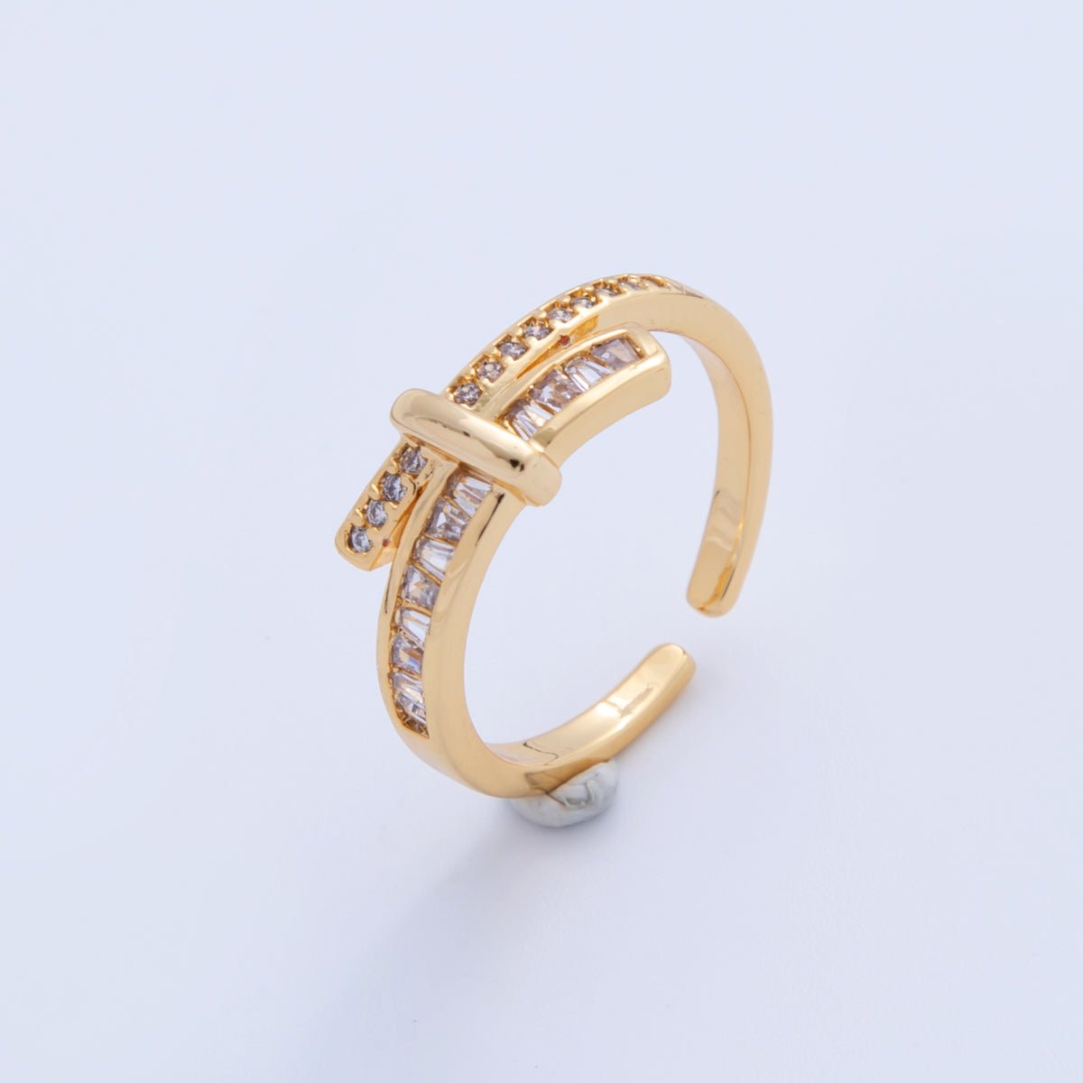 18K Gold Filled Baguette Micro Paved CZ Knot Double Bar Ring | O1726