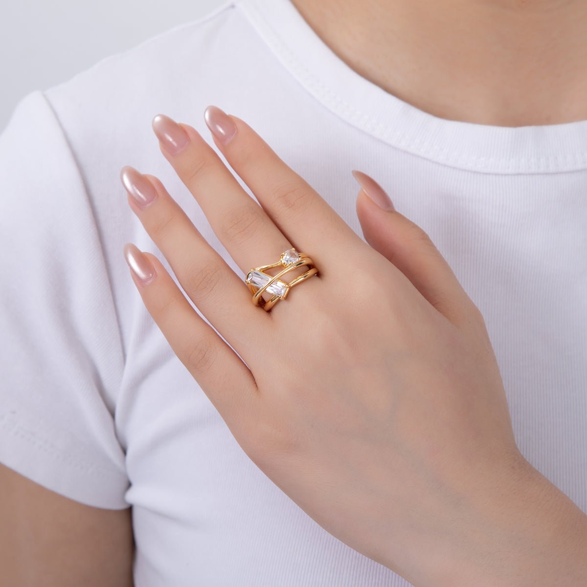 18K Gold Filled Baguette Round CZ Triple Band Ring | O1994
