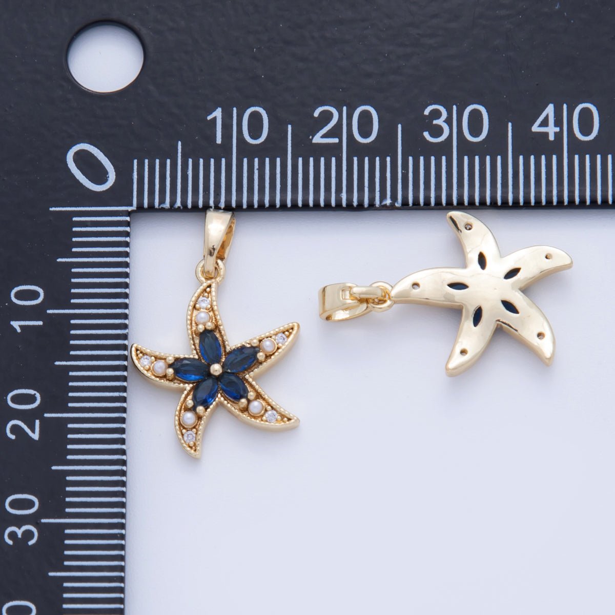18K Gold Filled Blue CZ Shell Pearl Starfish Pendant | AH748