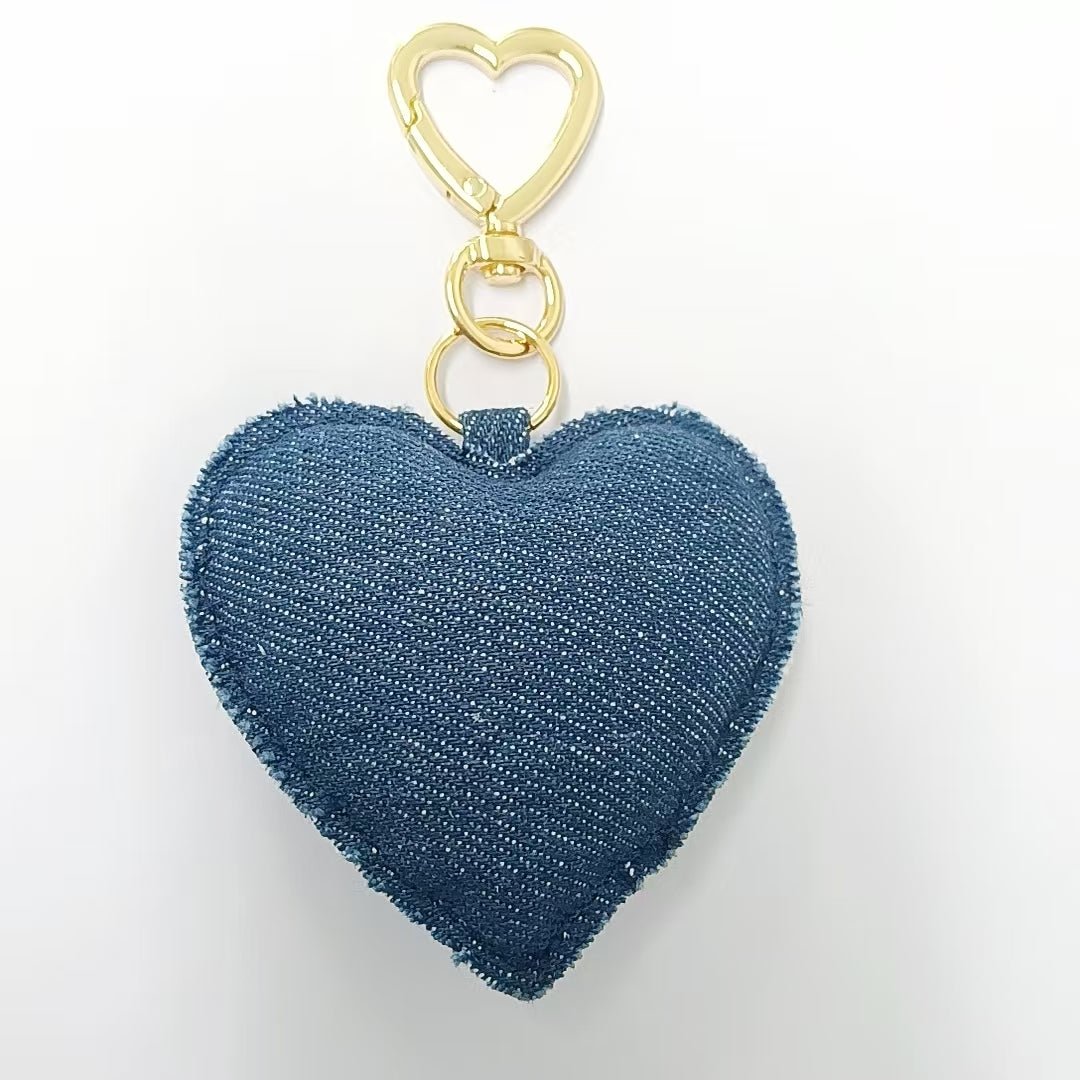 18K Gold Filled Blue Denim Puffy Heart Push Gate King Ring Keychain Accessories | AB-00145 ~ WB-00147